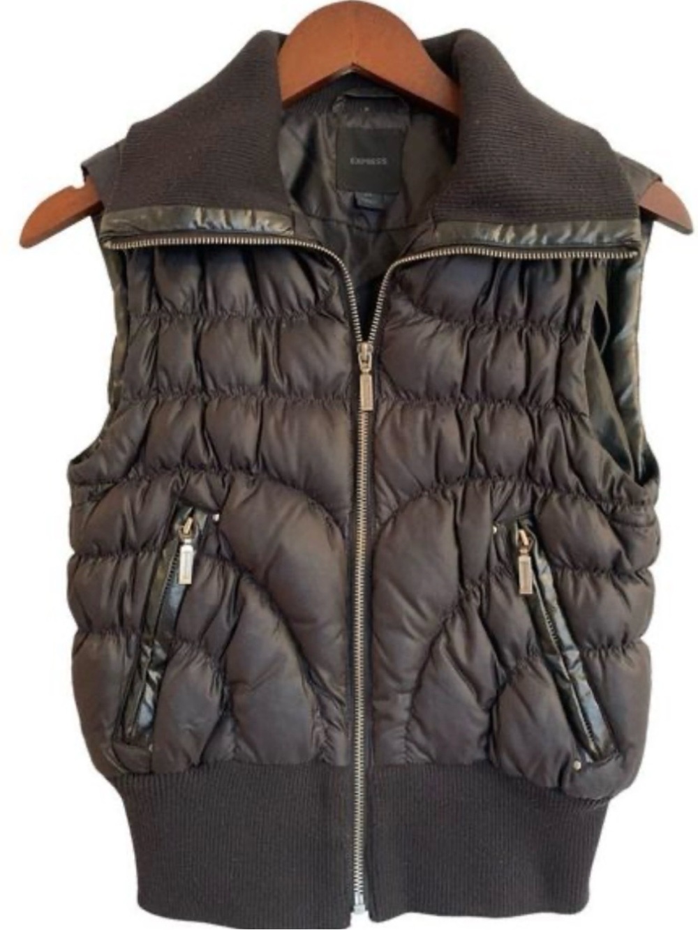 Express Black Quilted Puffer Vest with High Ribbed Collar